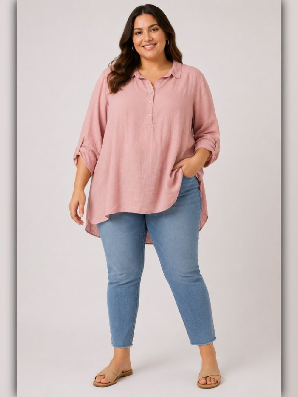 A466 • Dusty Rose Linen Roll Tab Tunic Top